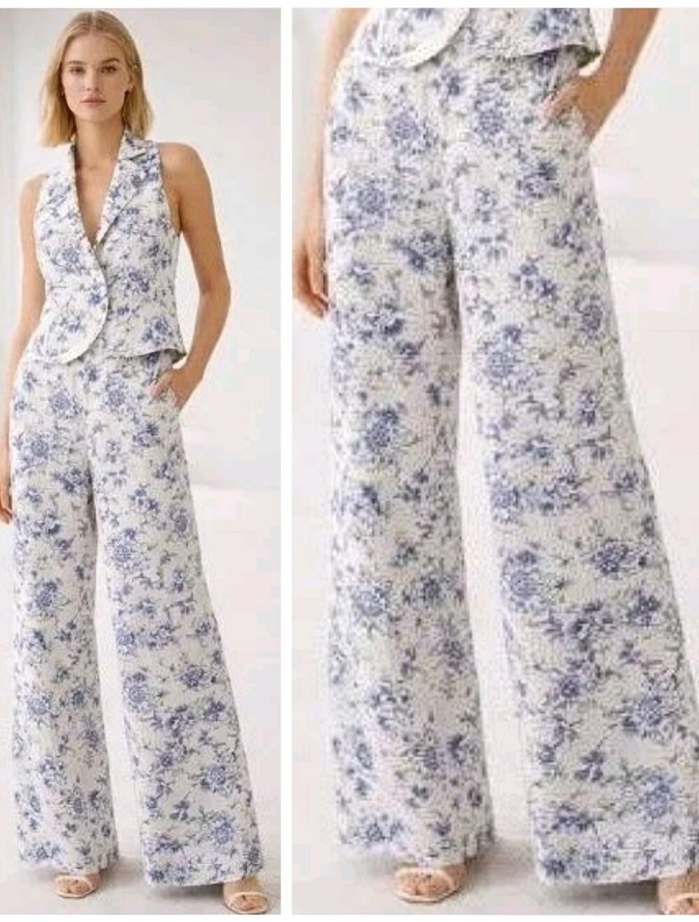 Jason Wu Linen-Blend Wide-Leg Pants Women's 4 "Vienna Porcelain - Indigo Floral"